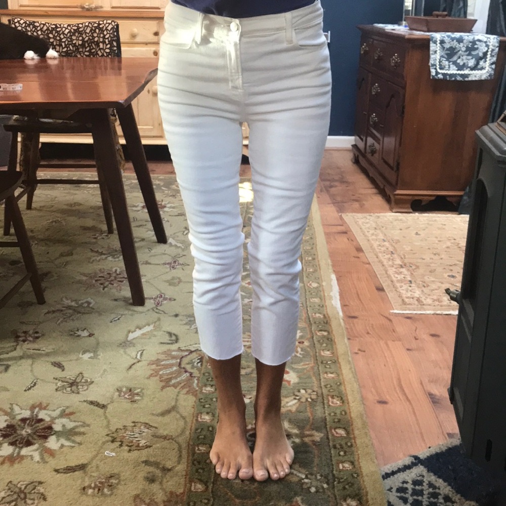 High rise White crop raw hem denim